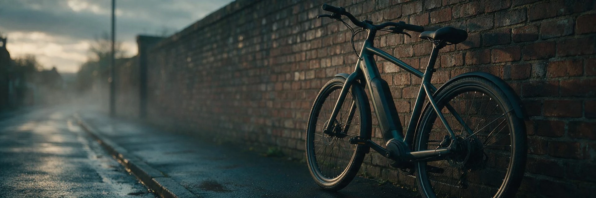 Electric commuter bike against a brick wall at first light