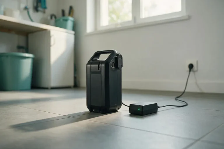E-bike battery charging on a tiled floor with its charger, well away from anything flammable