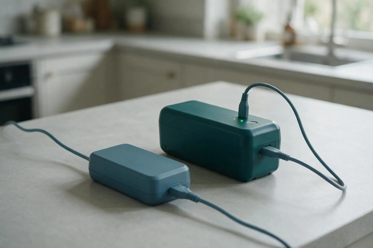 E-bike battery charging on a kitchen worktop