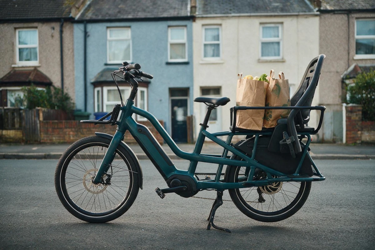 Electric cargo bike loaded with shopping and a child seat
