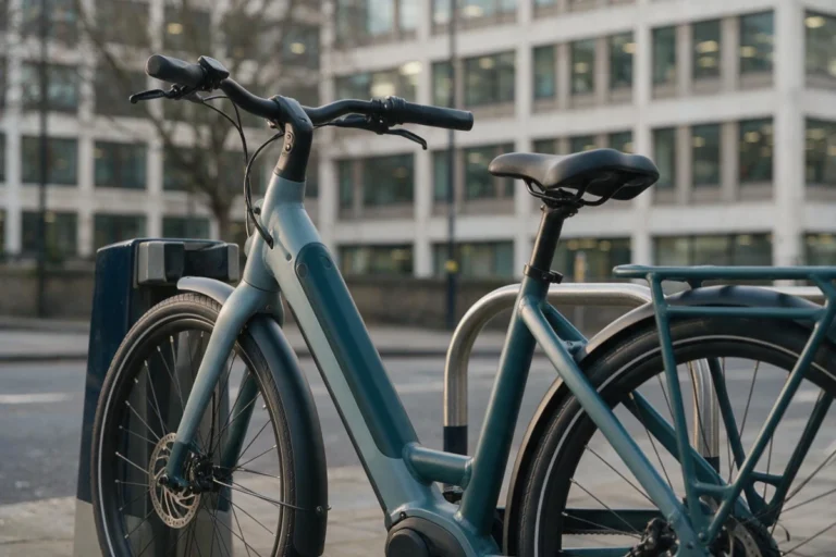 Electric commuter bike parked at a city bike stand