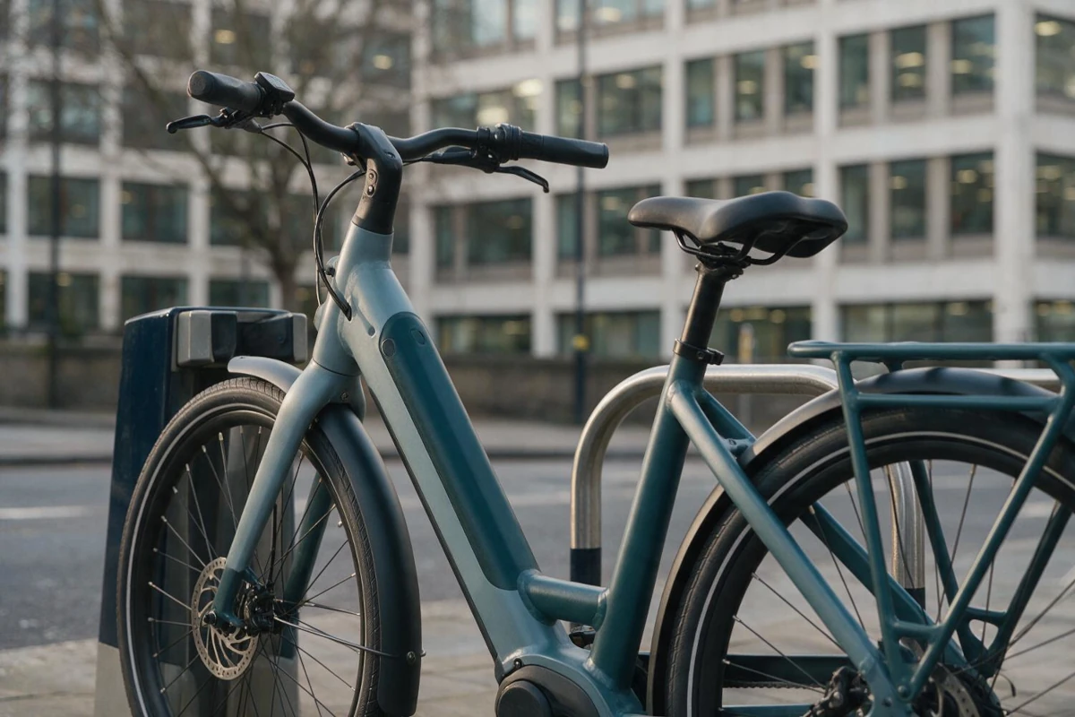 Electric commuter bike parked at a city bike stand