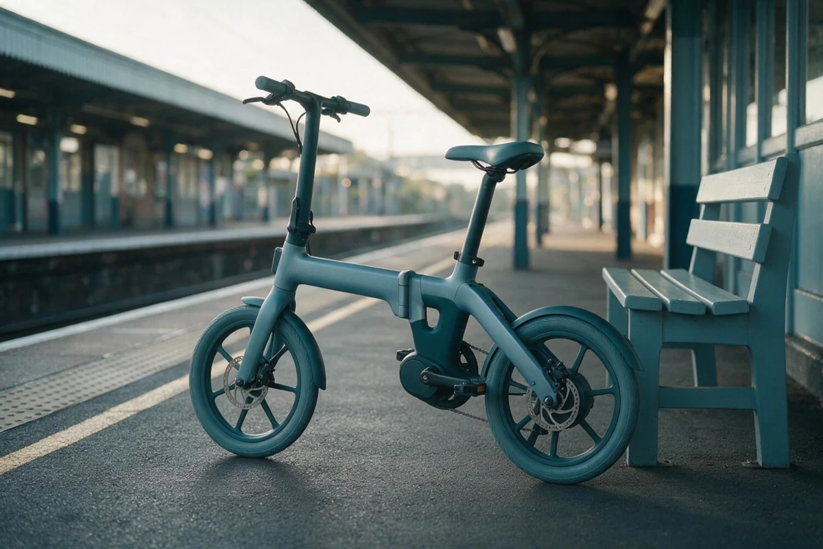 Folding electric bike half folded on a train platform