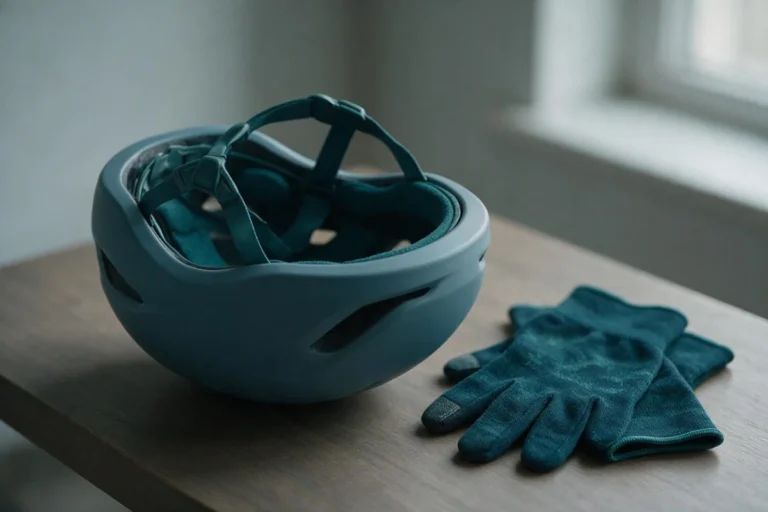 Cycling helmet and gloves on a wooden table