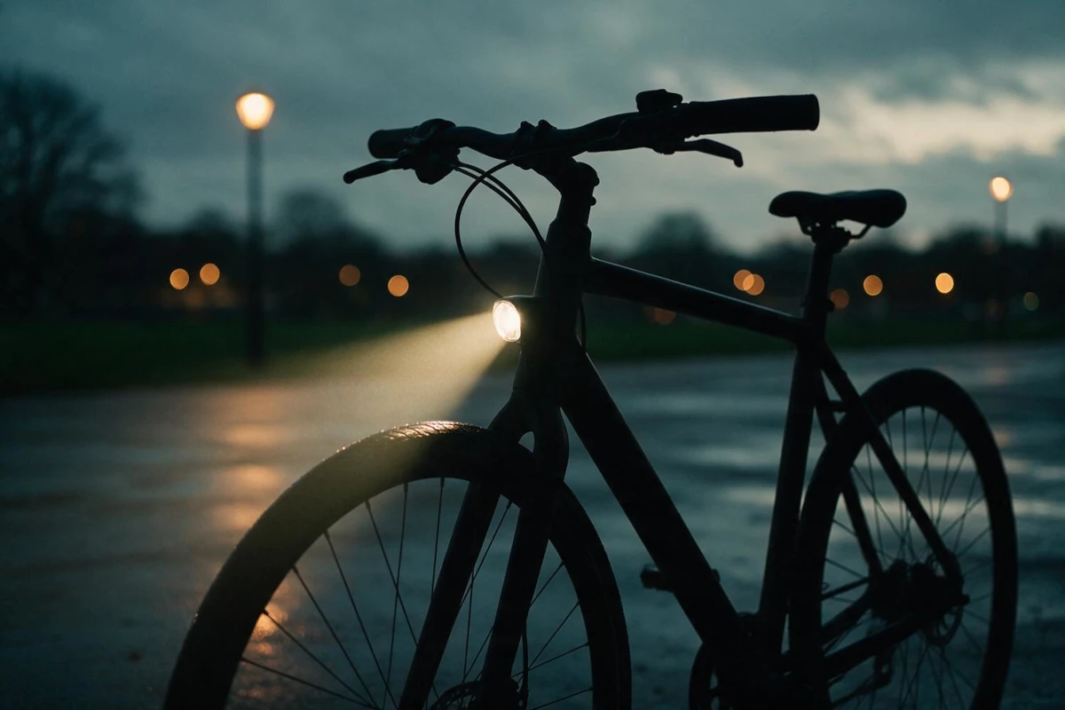 Bicycle front light casting a beam on wet pavement