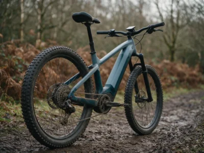 Electric mountain bike on a muddy woodland trail