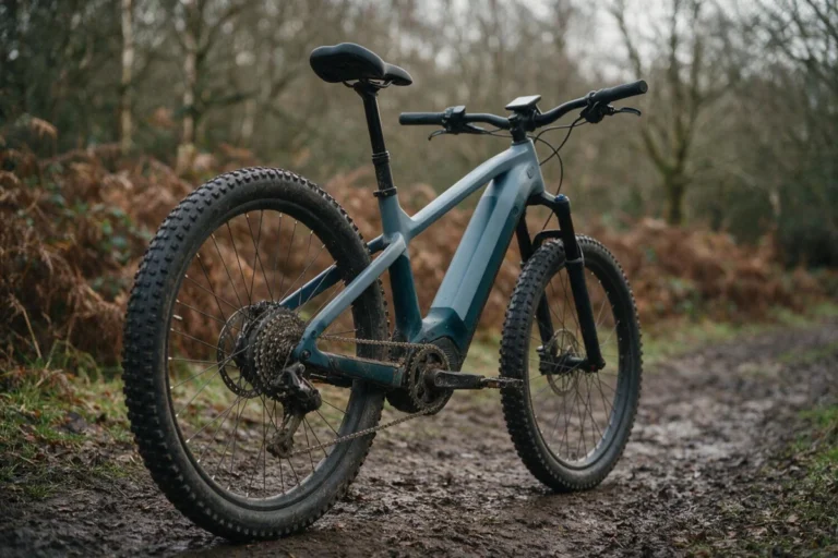 Electric mountain bike on a muddy woodland trail