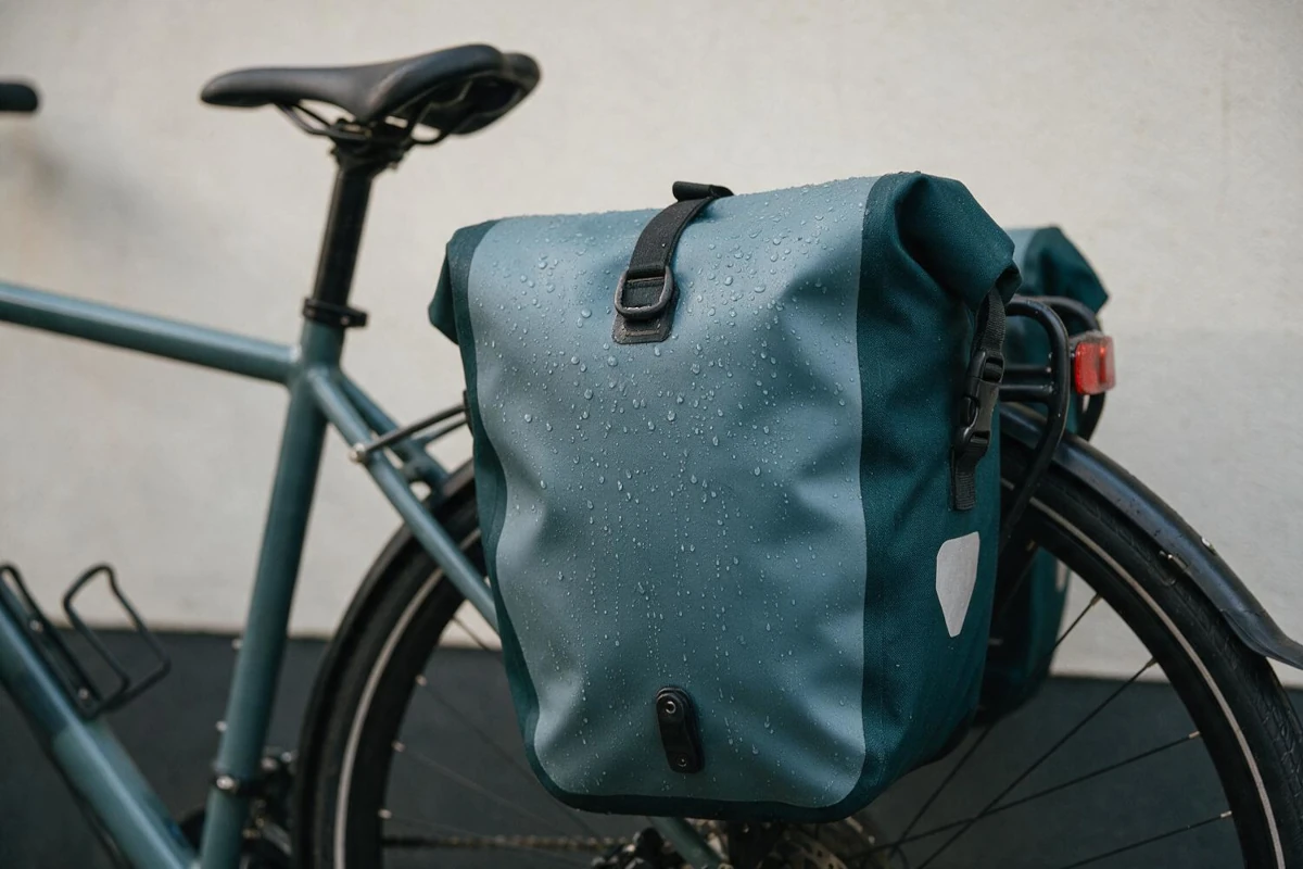 Waterproof pannier bag mounted on a rear rack