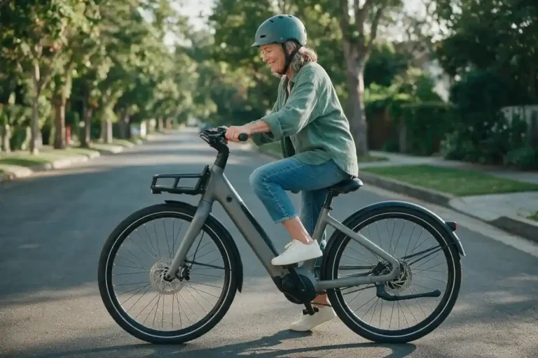 Older woman riding a grey step-through electric bike on a quiet tree-lined street
