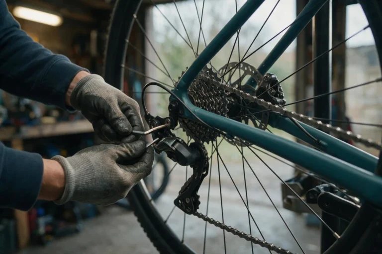 Gloved hands adjusting a rear derailleur with a hex key