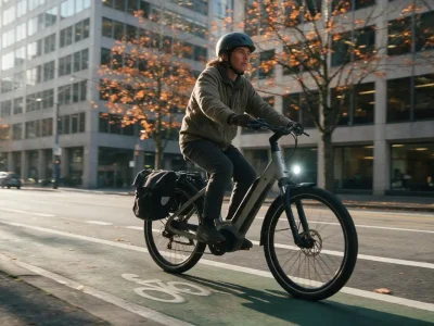 Commuter in a helmet riding a step-through e-bike with a pannier along a city bike lane on an autumn morning