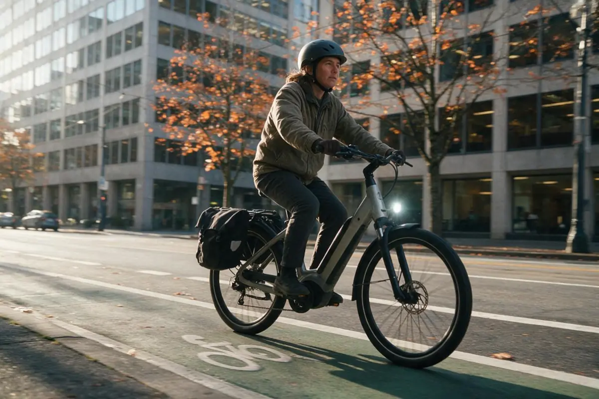 Commuter in a helmet riding a step-through e-bike with a pannier along a city bike lane on an autumn morning