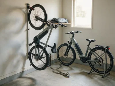 Garage with one e-bike hung vertically on a wall rack and another standing in a floor stand, with a chain lock on the concrete floor