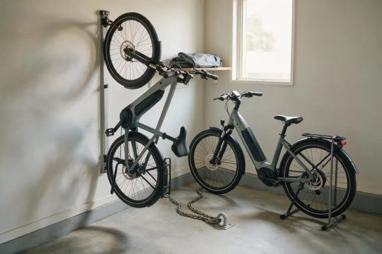 Garage with one e-bike hung vertically on a wall rack and another standing in a floor stand, with a chain lock on the concrete floor