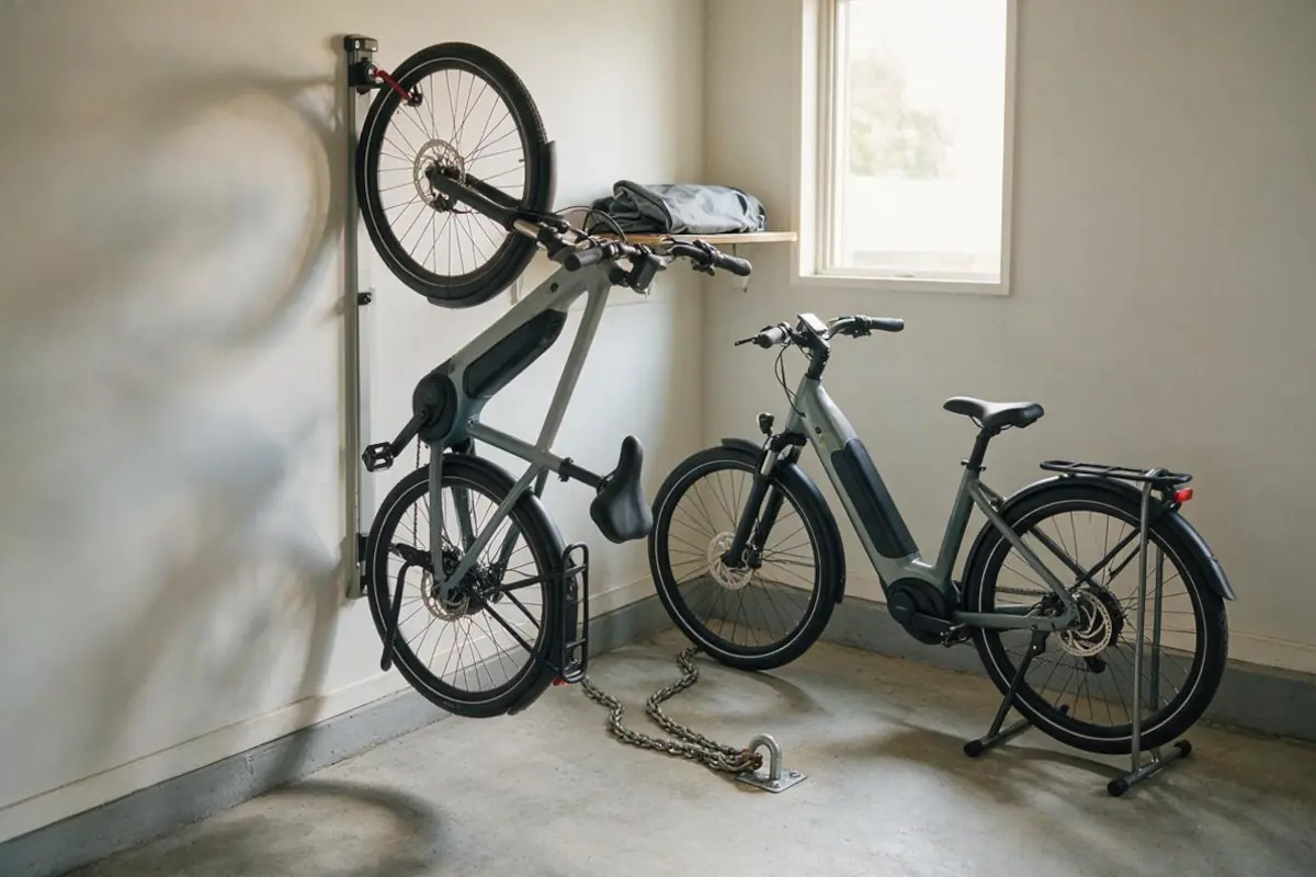 Garage with one e-bike hung vertically on a wall rack and another standing in a floor stand, with a chain lock on the concrete floor