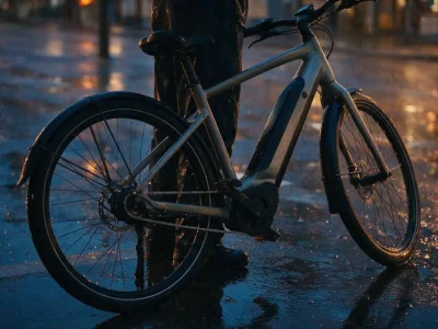 Electric bike leaning against a post on a rain-soaked city street at dusk, street lights reflecting in the puddles