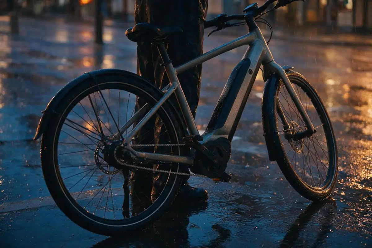 Electric bike leaning against a post on a rain-soaked city street at dusk, street lights reflecting in the puddles