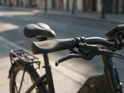 Black commuter e-bike with ergonomic winged grips, a brake lever and handlebar display, padded saddle and rear rack behind, on a sunny city street
