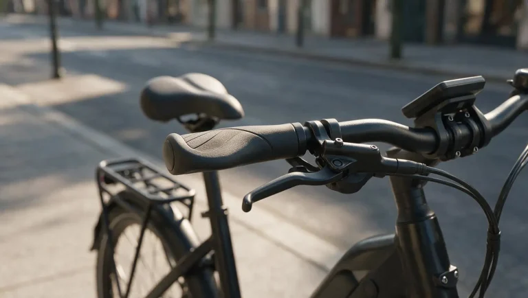Black commuter e-bike with ergonomic winged grips, a brake lever and handlebar display, padded saddle and rear rack behind, on a sunny city street