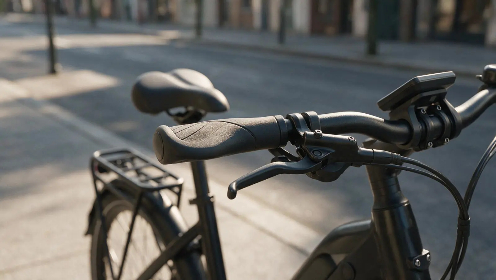 Black commuter e-bike with ergonomic winged grips, a brake lever and handlebar display, padded saddle and rear rack behind, on a sunny city street