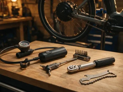 E-bike tools on a wooden workbench: electric pump, multi-tool, torque wrench and chain checker, with a hub-motor e-bike on a workstand behind
