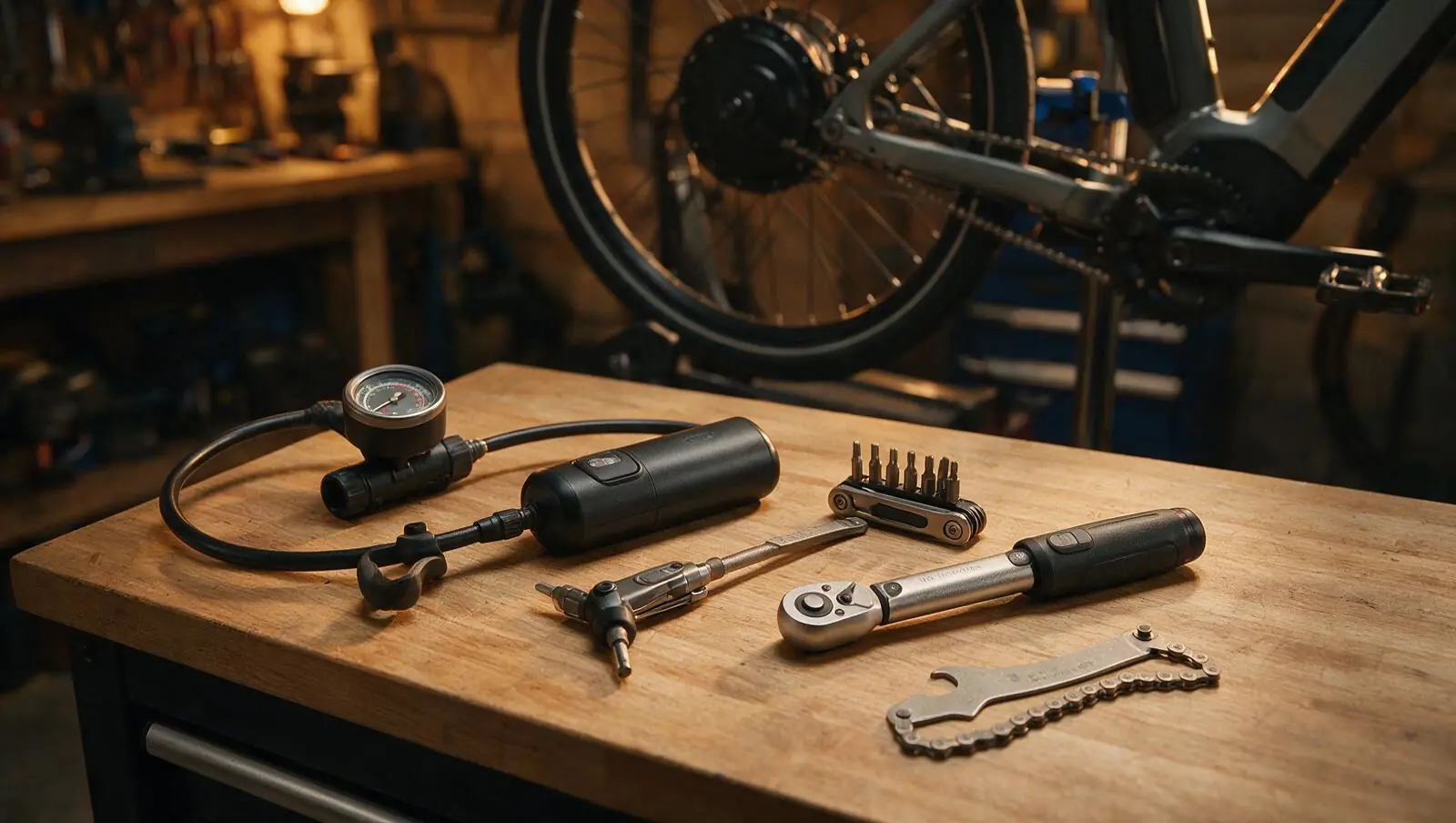 E-bike tools on a wooden workbench: electric pump, multi-tool, torque wrench and chain checker, with a hub-motor e-bike on a workstand behind